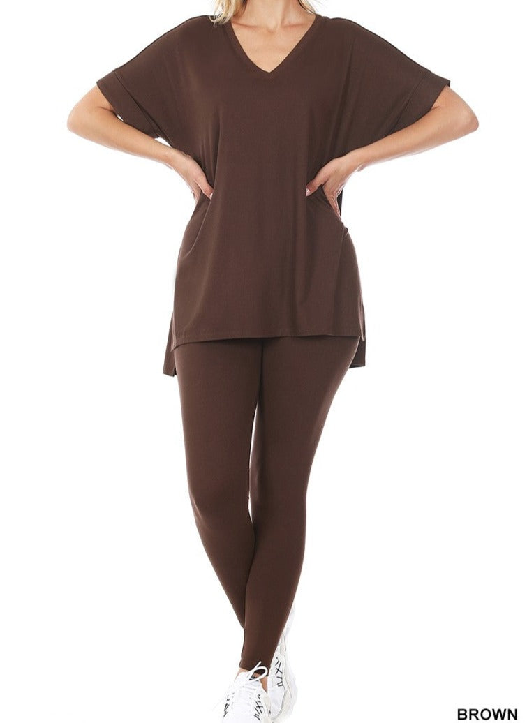 Brown | V-Neck Legging Set
