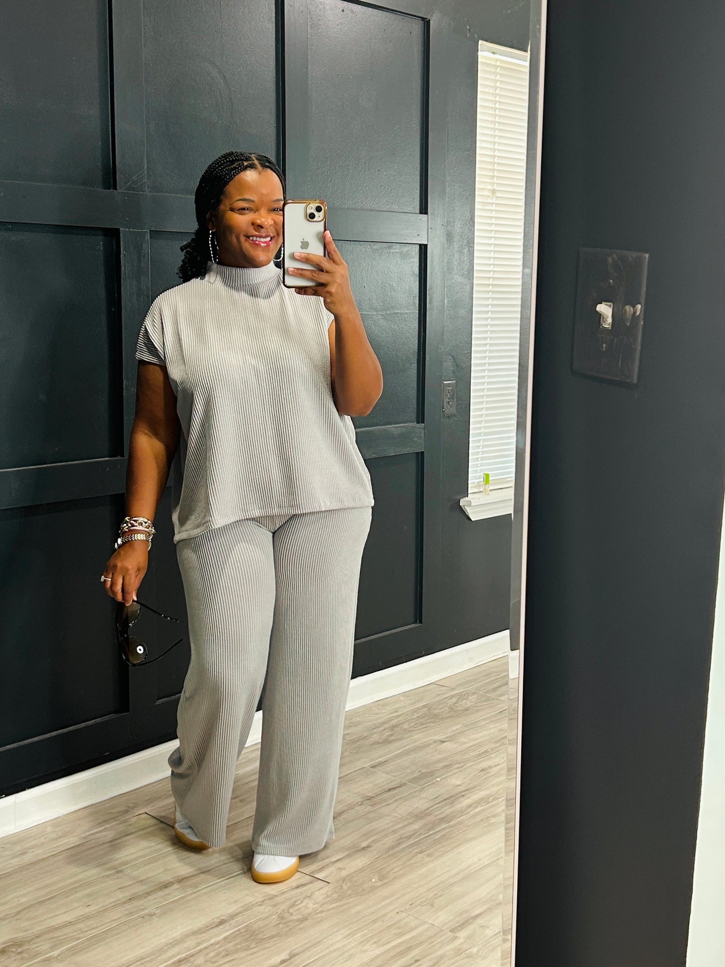 gray two piece set. women boutique set