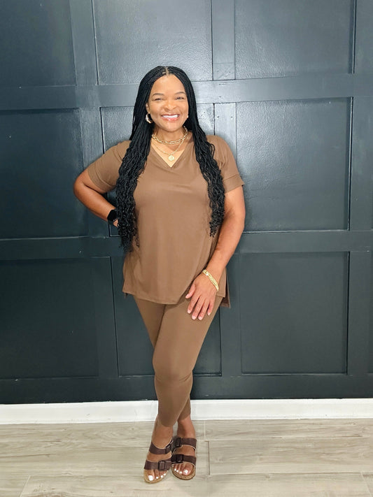 Brown | V-Neck Legging Set