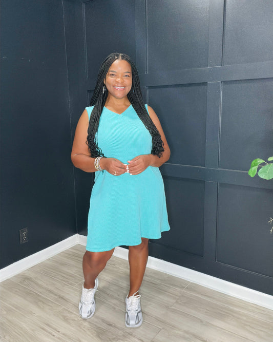 Turquoise Ribbed Sleeveless Dress