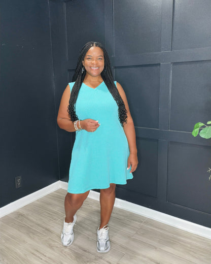 Turquoise Ribbed Sleeveless Dress
