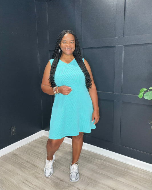 Turquoise Ribbed Sleeveless Dress